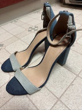 Guess Two-Tone Denim Block Heel Sandals - Blue & Light Blue